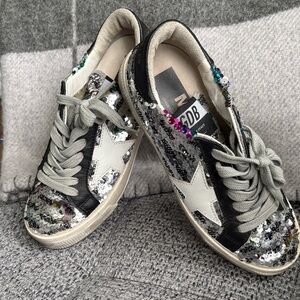 Golden Goose Women's Silver Sequin Star Sneakers with Black Accents